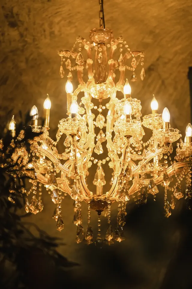 Illuminated chandelier inside Churchill Restaurant